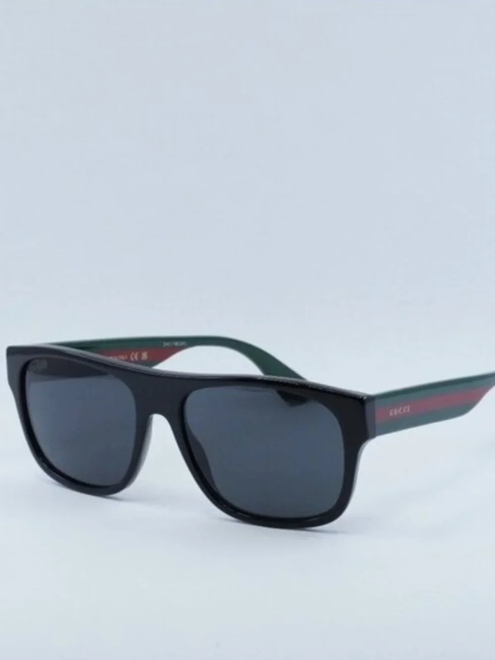 Gucci GG0341S 001 Sunglasses Black and Green with Red Stripe Square Frame